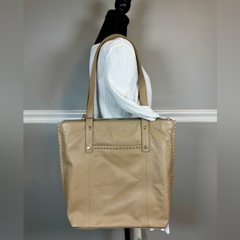 Tommy Bahama Tan Whipstitch Leather Shoulder Tote Bag - Picture 2 of 14